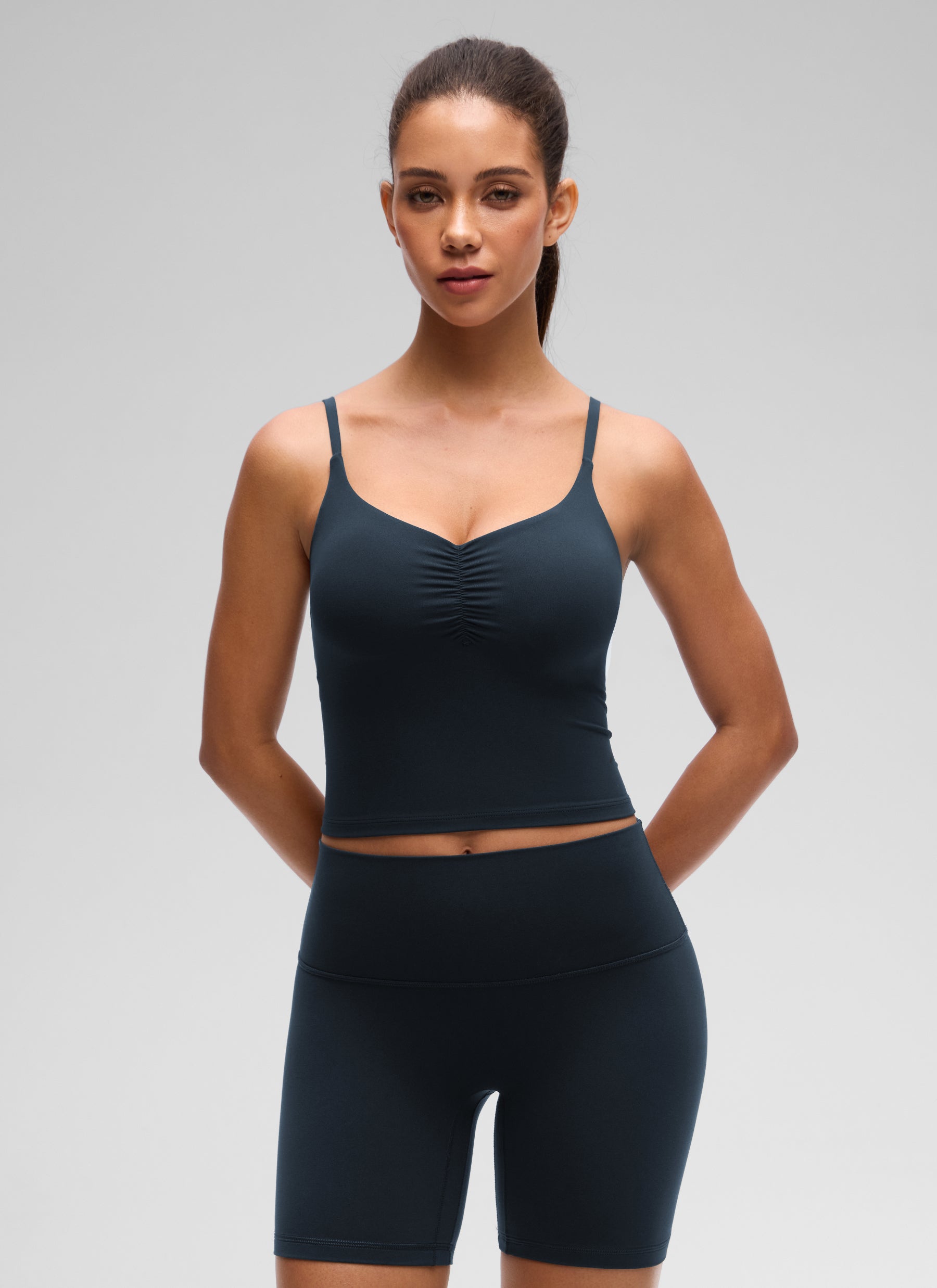 CRZ YOGA Women's Butterluxe Yoga Ruched V Neck U Back Crop Padded Tank True Navy @model_info:E