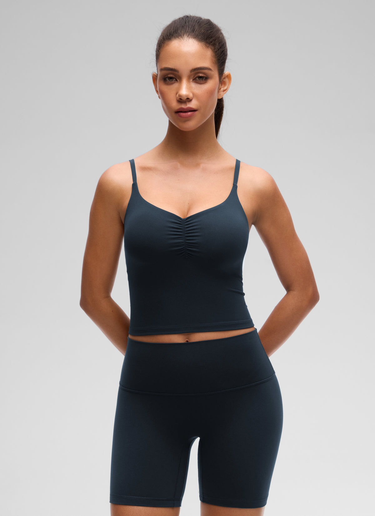 CRZ YOGA Women's Butterluxe Yoga Ruched V Neck U Back Crop Padded Tank True Navy @model_info:E