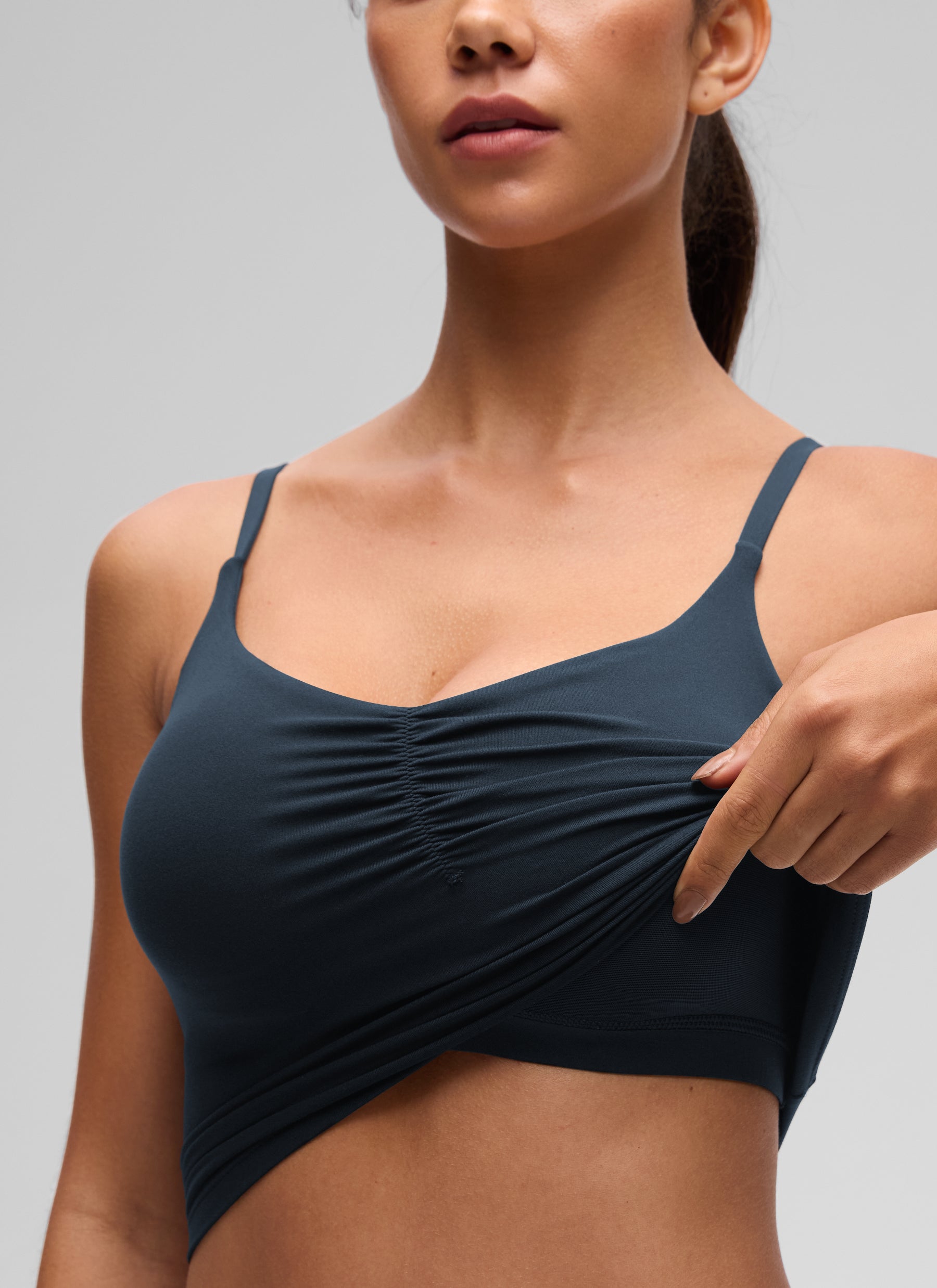 CRZ YOGA Women's Butterluxe Yoga Ruched V Neck U Back Crop Padded Tank True Navy @model_info:E