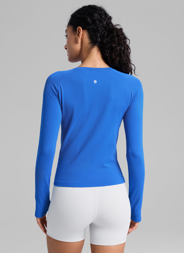 CRZ YOGA Women's Running Quick Dry Shirts Seamless Long Sleeves Sparkle Blue