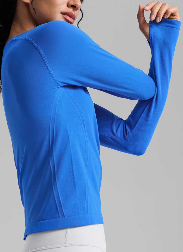CRZ YOGA Women's Running Quick Dry Shirts Seamless Long Sleeves Sparkle Blue