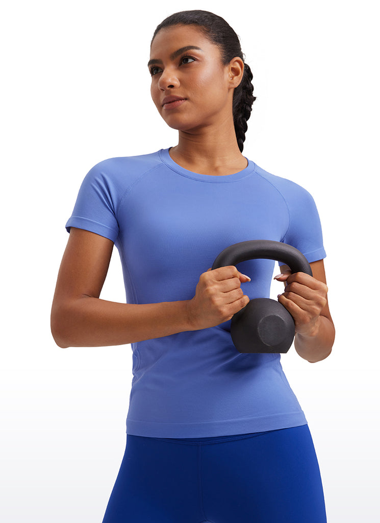 CRZ YOGA Women's Running Classic Fit Shirts Seamless Short Sleeves Wild Indigo