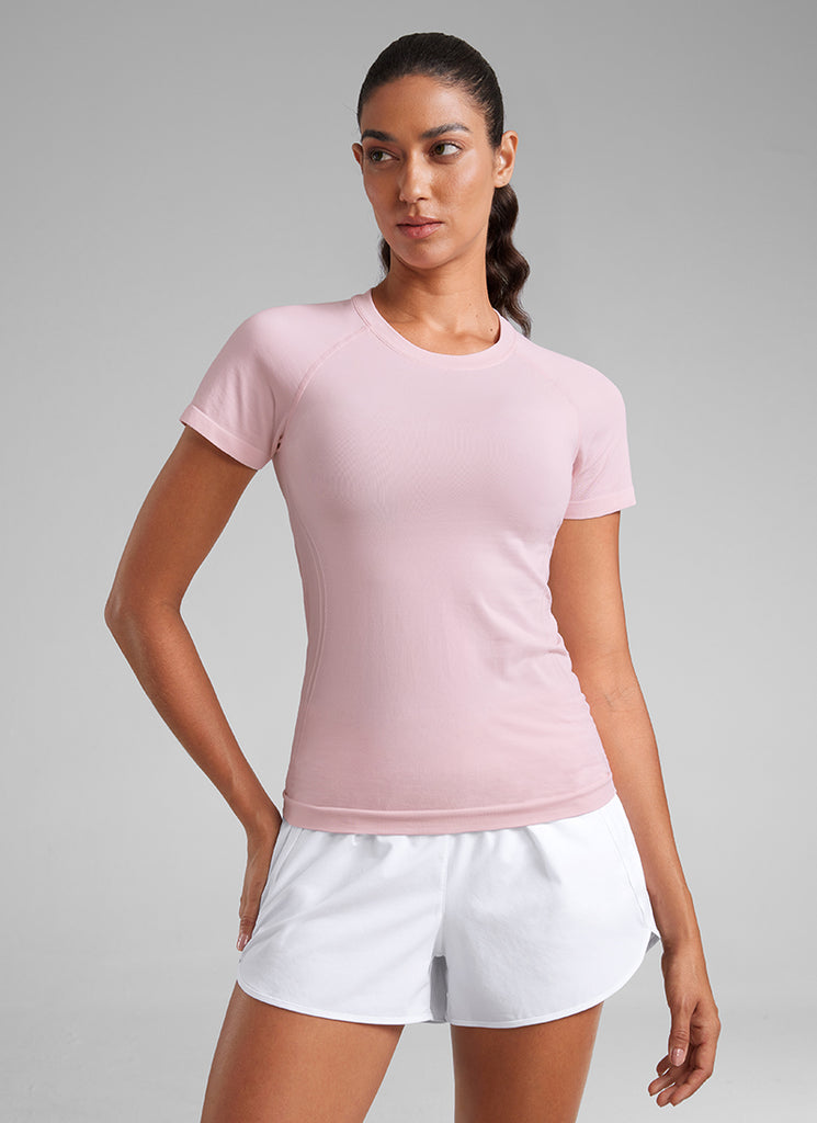CRZ YOGA Women's Running Classic Fit Shirts Seamless Short Sleeves Strawberry Pink
