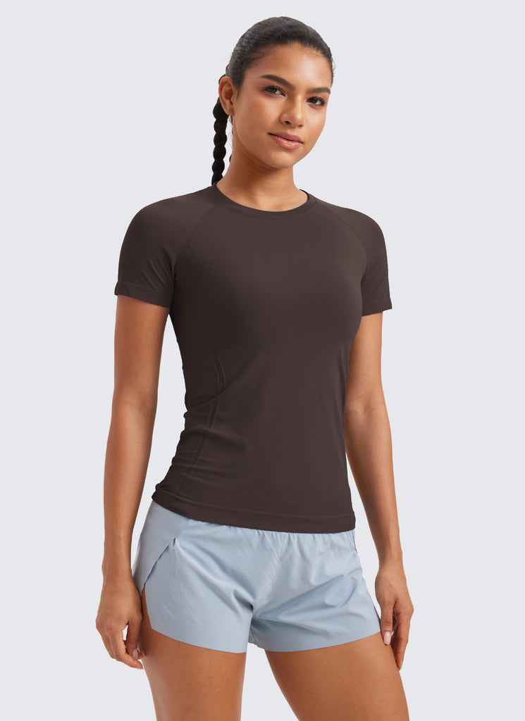 CRZ YOGA Women's Running Classic Fit Shirts Seamless Short Sleeves Deep Red