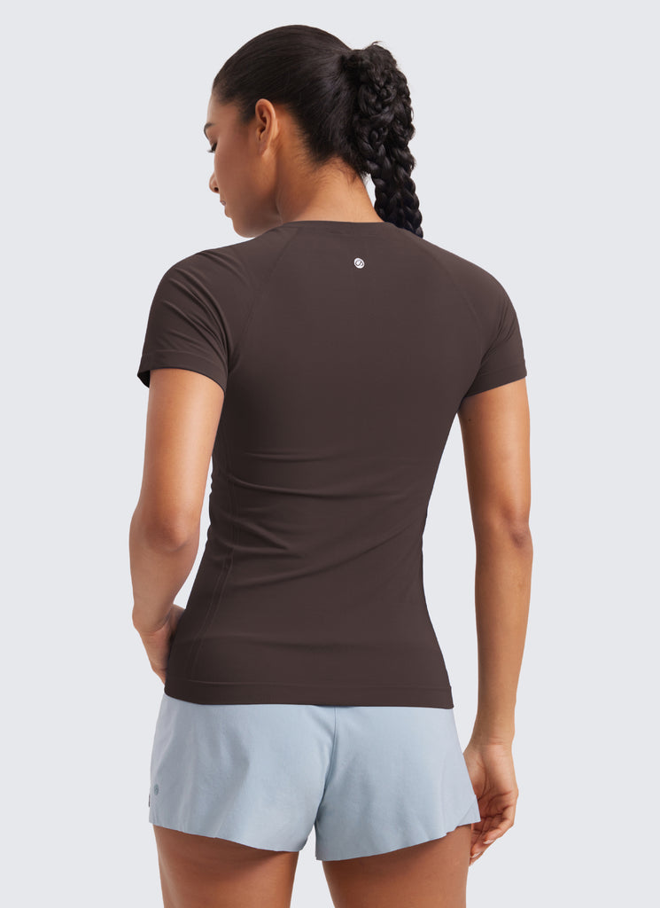 CRZ YOGA Women's Running Classic Fit Shirts Seamless Short Sleeves Deep Red