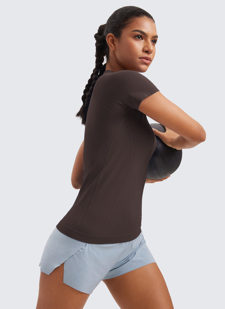 CRZ YOGA Women's Running Classic Fit Shirts Seamless Short Sleeves Hot Fudge Brown