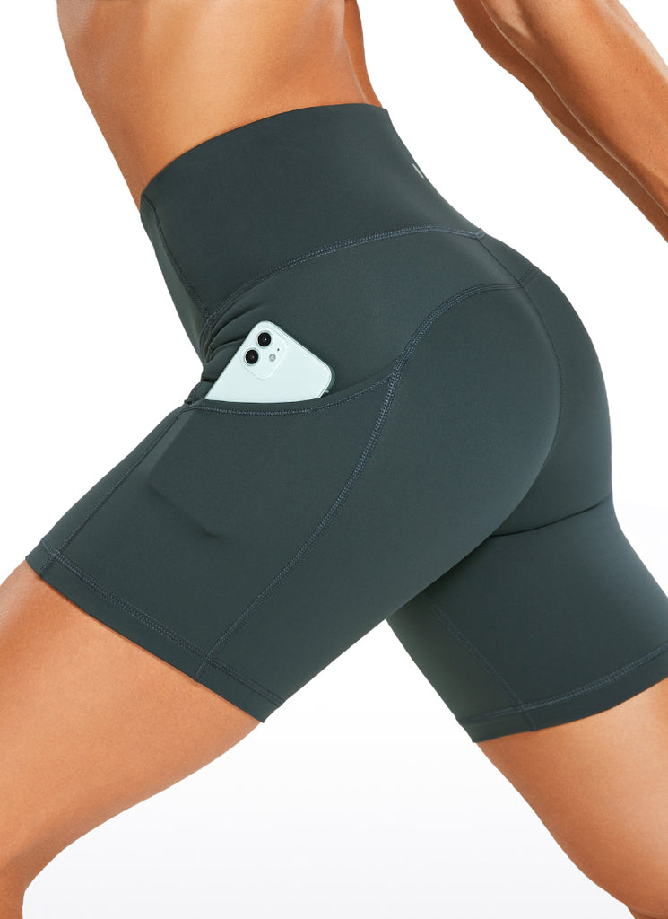 CRZ YOGA Women's Run High Rise Biker Nakedfeel Light Pocket Shorts 6'' Melanite