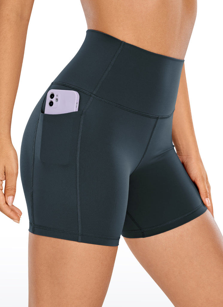 CRZ YOGA Women's Train High Rise Biker Nakedfeel Pocket Shorts 5'' Carbon Dust
