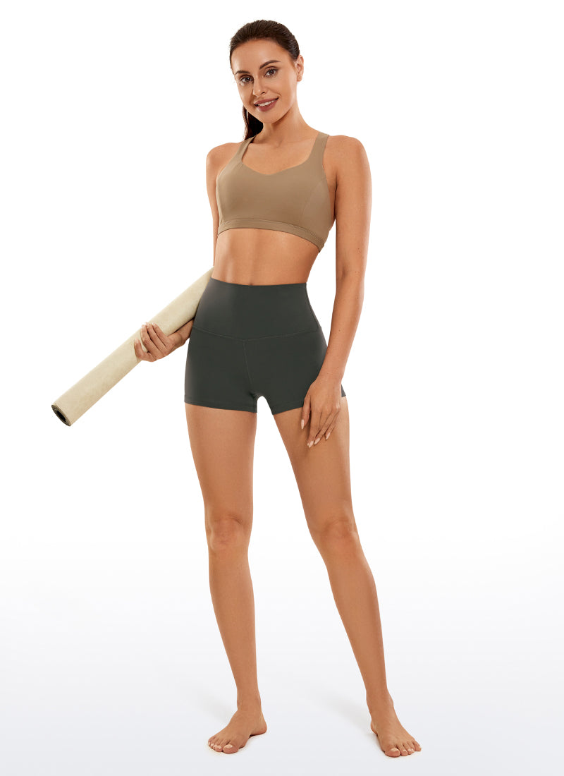 CRZ YOGA Women's Yoga High Rise Booty Butterluxe Biker Shorts 2.5'' Grey Olive @model_info:Ja