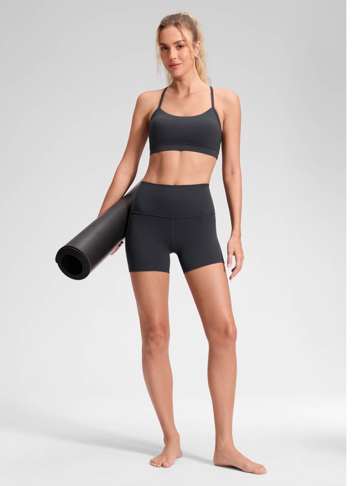 CRZ YOGA Women's Yoga High Rise Biker Shorts Butterluxe Shorts 4'' Mysterious Grey @model_info:Anna