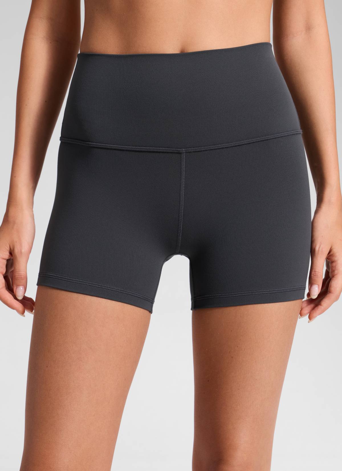 CRZ YOGA Women's Yoga High Rise Biker Shorts Butterluxe Shorts 4'' Mysterious Grey @model_info:Anna