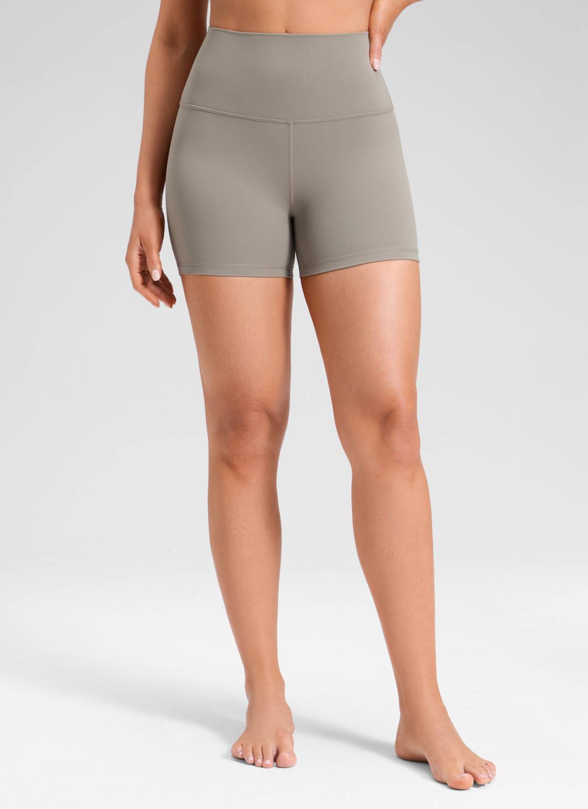 CRZ YOGA Women's Yoga High Rise Biker Shorts Butterluxe Shorts 4'' Warm Ash Grey @model_info:Mariana