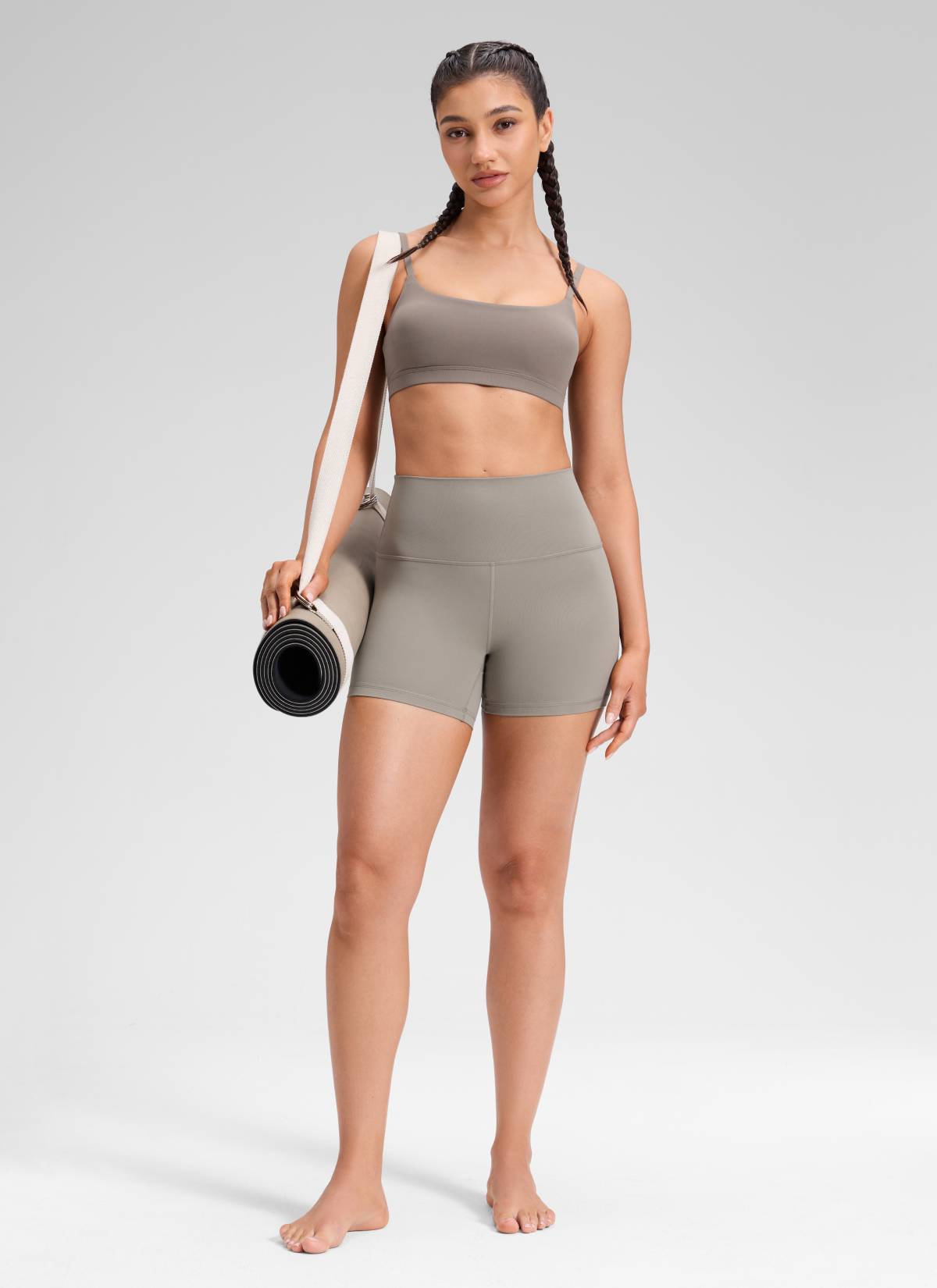 CRZ YOGA Women's Yoga High Rise Biker Shorts Butterluxe Shorts 4'' Warm Ash Grey @model_info:Mariana