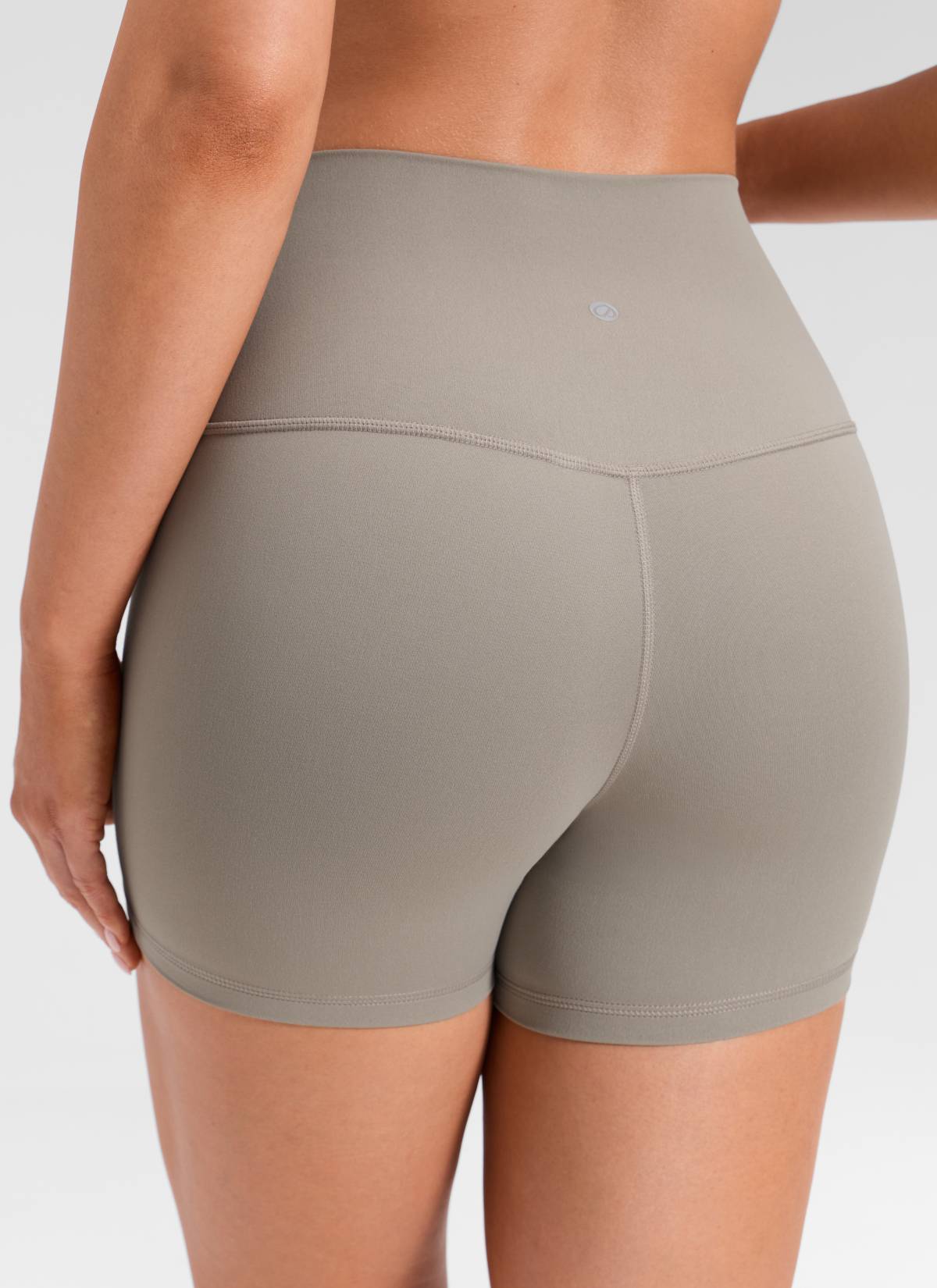 CRZ YOGA Women's Yoga High Rise Biker Shorts Butterluxe Shorts 4'' Warm Ash Grey @model_info:Mariana