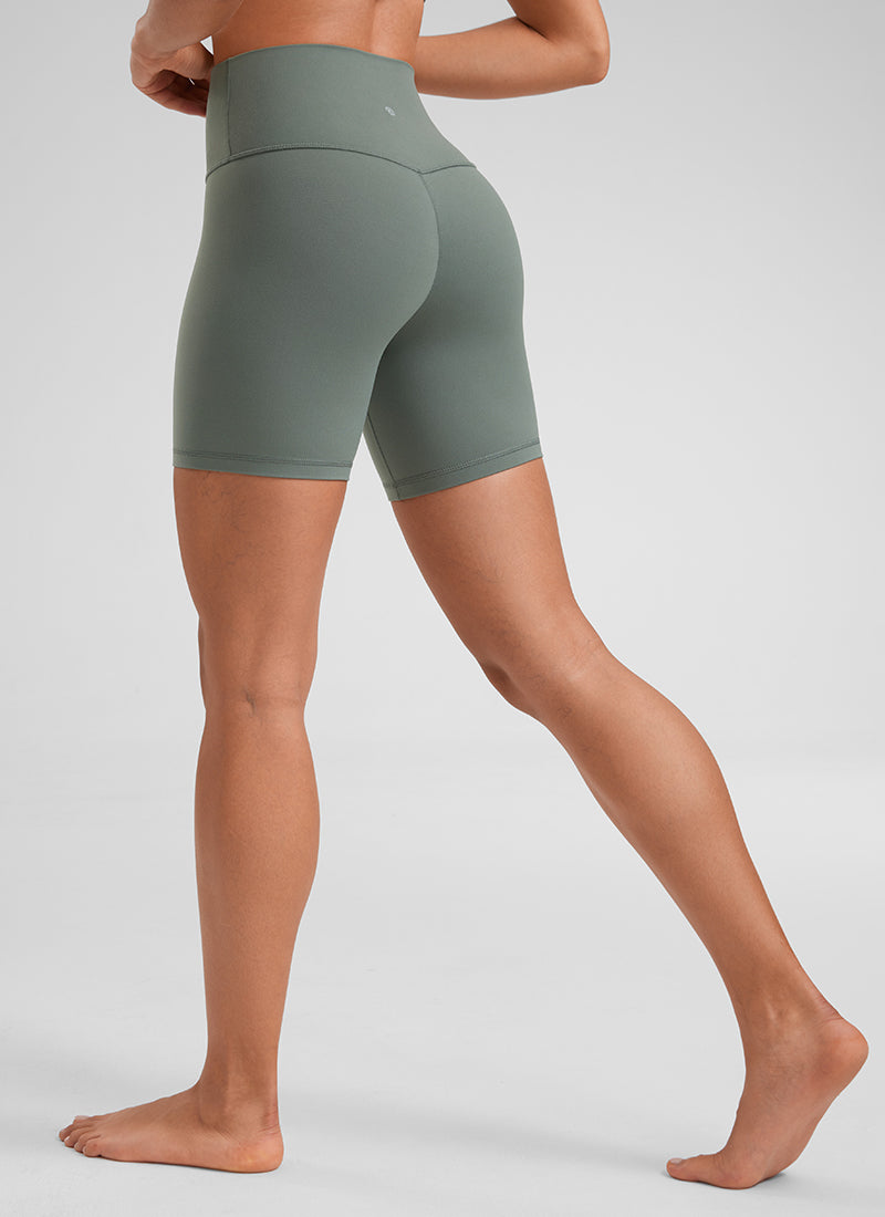 CRZ YOGA Women's Yoga High Rise Biker Shorts Butterluxe Shorts 6'' Grey Sage @model_info:Fiona