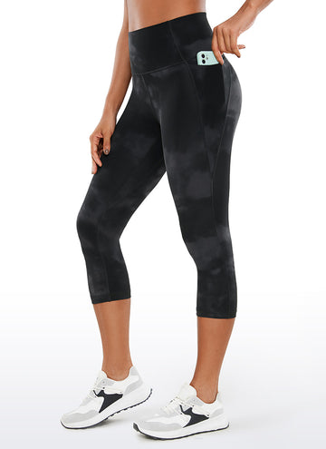 CRZ YOGA Womens Butterluxe High Waist Pockets Capri Leggings 19'' Black Tie Dye Flowers