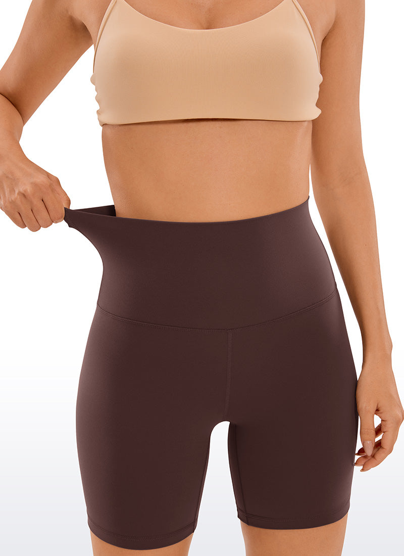 CRZ YOGA Women's Yoga Super High Waist Butterluxe Shorts 6'' Taupe @model_info:Deni