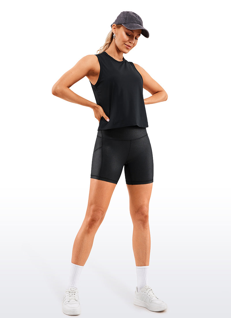 CRZ YOGA Women's Yoga High Rise Biker Butterluxe Pockets Shorts 5'' Black Classic Leather @model_info:Natali