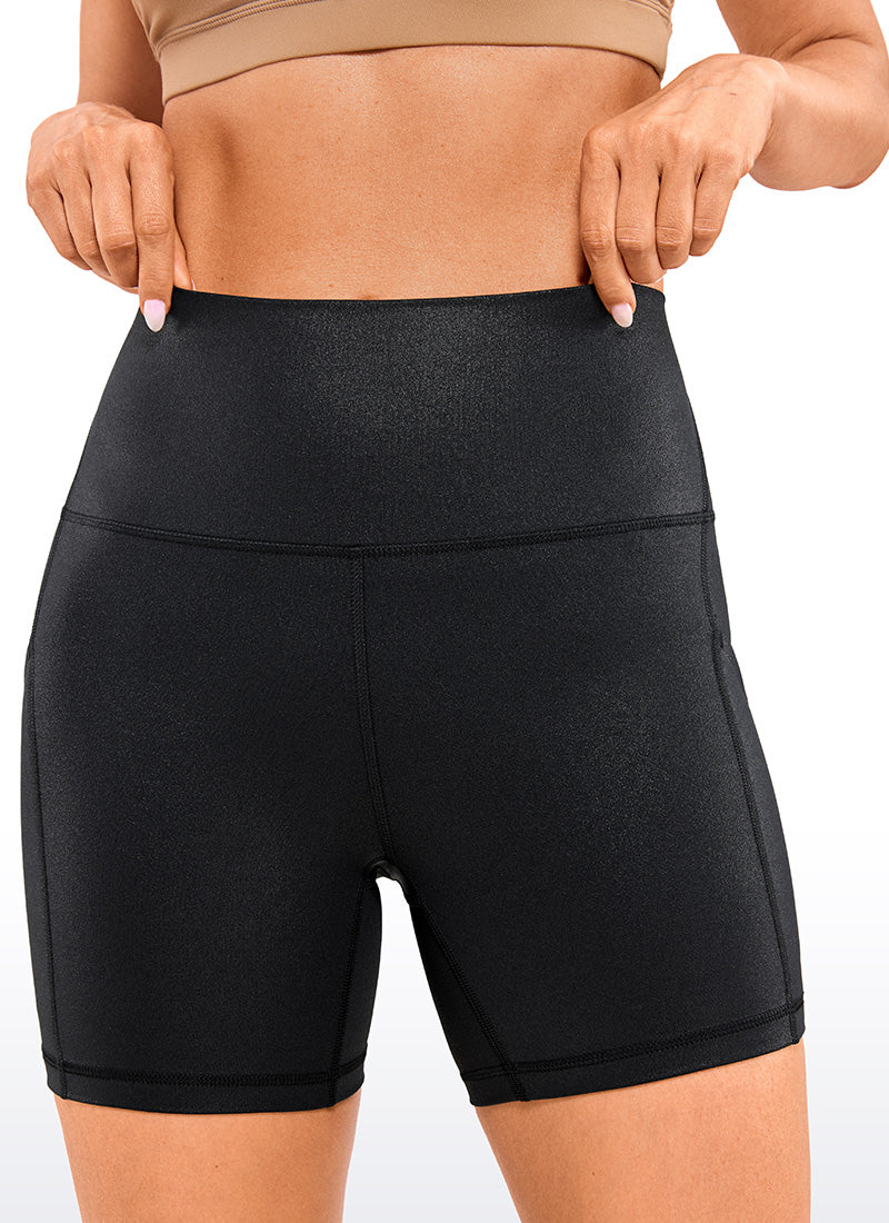 CRZ YOGA Women's Yoga High Rise Biker Butterluxe Pockets Shorts 5'' Black Classic Leather @model_info:Natali