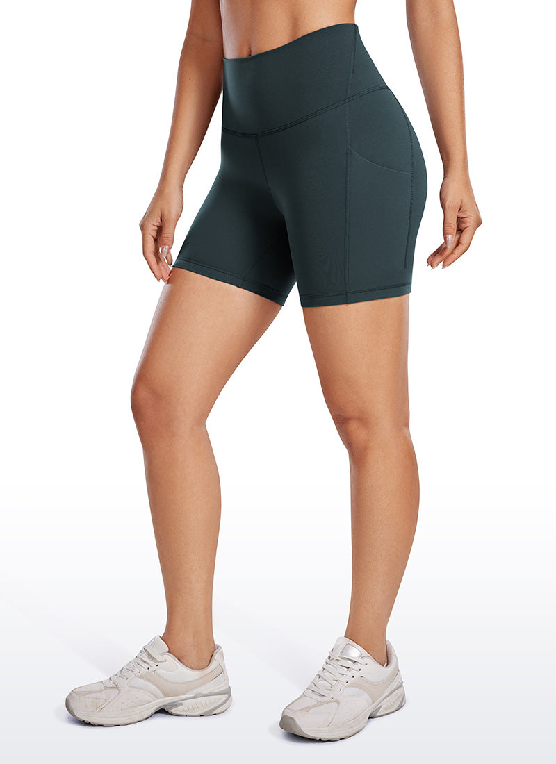 CRZ YOGA Women's Yoga High Rise Biker Butterluxe Pockets Shorts 5'' Forest Dark Green @model_info:Gabe