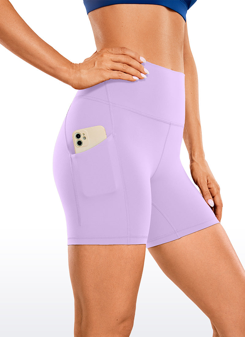 CRZ YOGA Women's Yoga High Rise Biker Butterluxe Pockets Shorts 5'' Elfin Purple @model_info:Natali