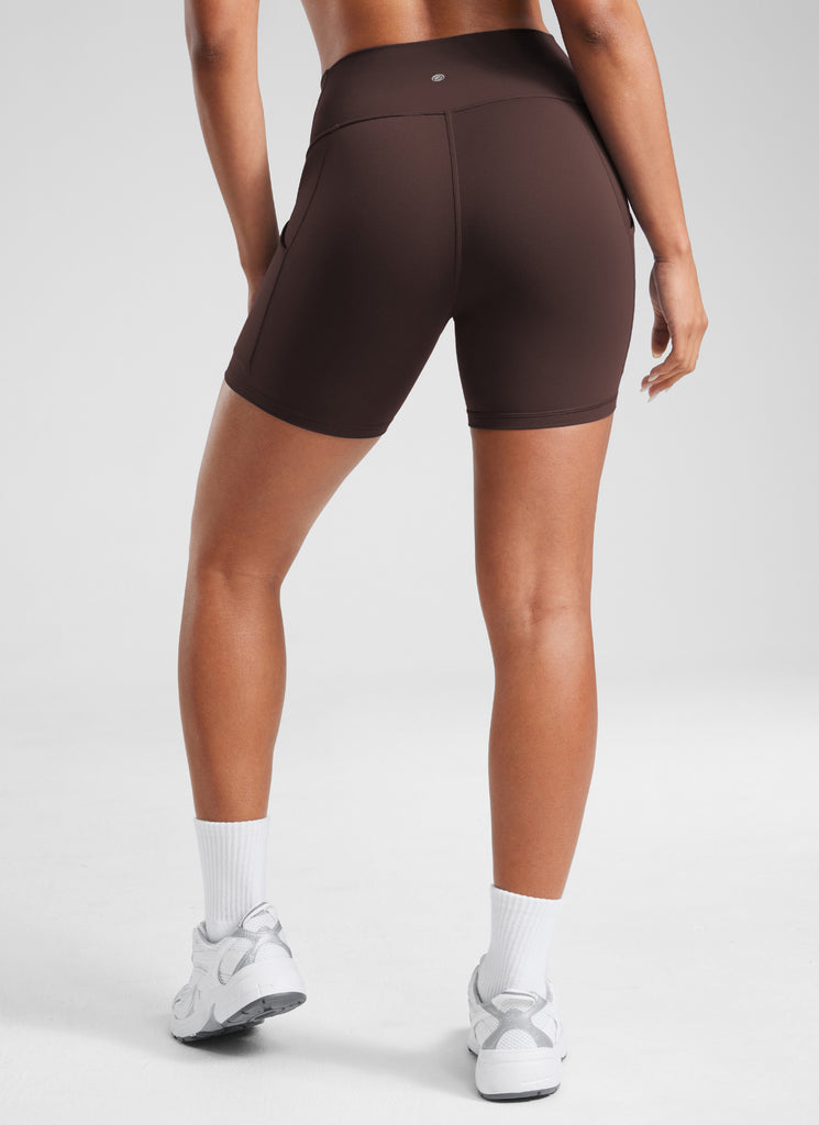 CRZ YOGA Women's Yoga High Rise Biker Butterluxe Pockets Shorts 5'' Hot Fudge Brown