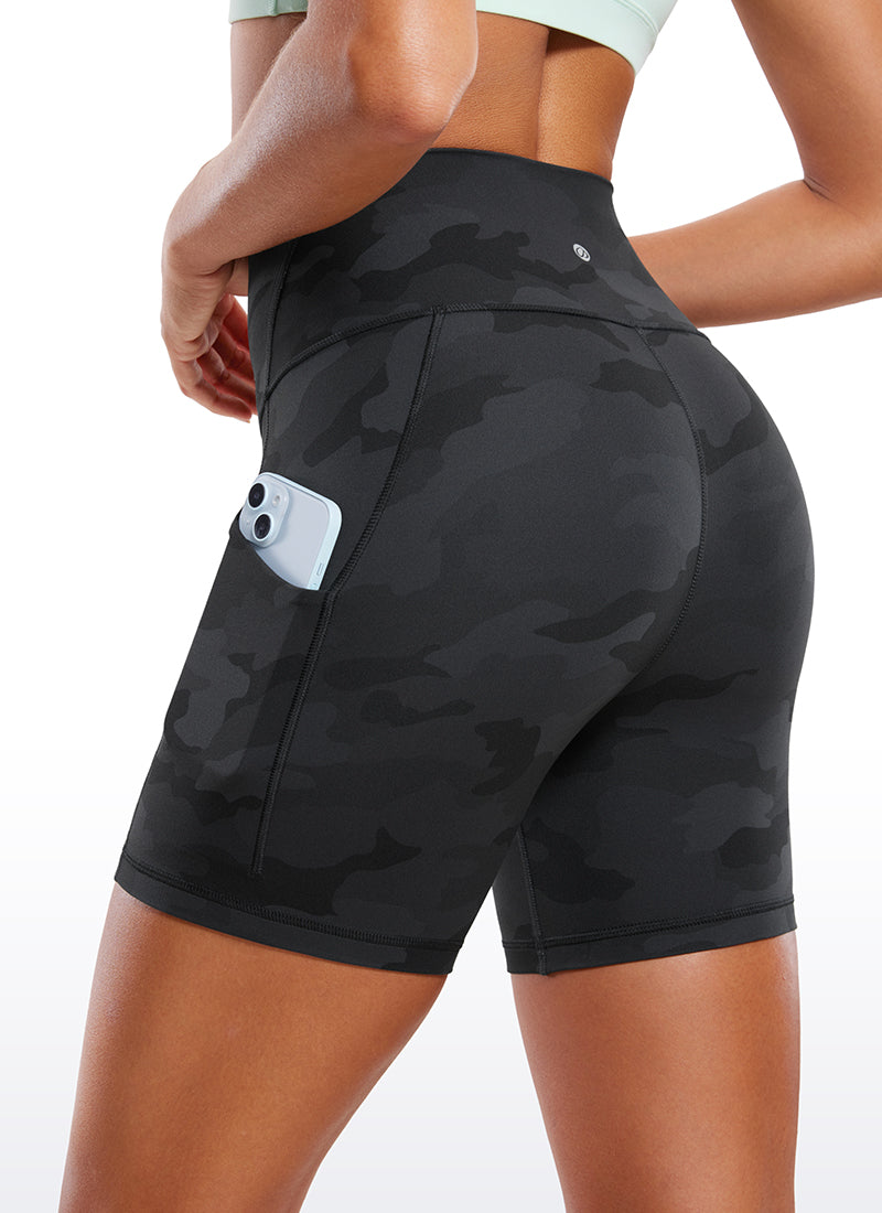 CRZ YOGA Women's Yoga High Rise Biker Butterluxe Pockets Shorts 5'' Dark Grey Camouflage 2 @model_info:Mariana