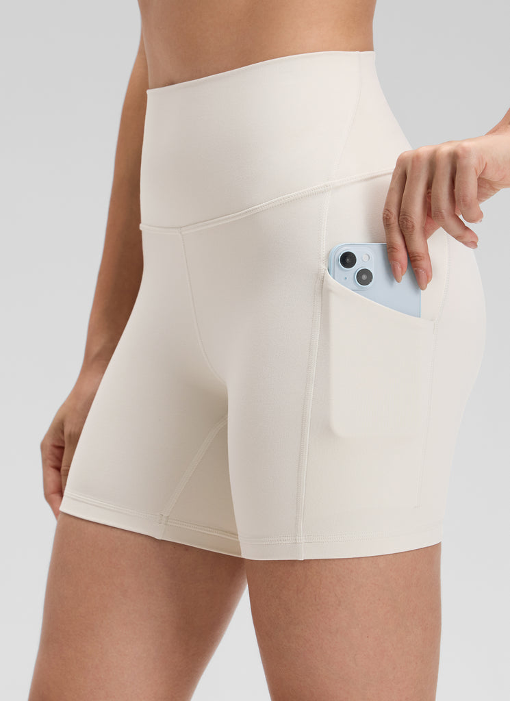 CRZ YOGA Women's Yoga High Rise Biker Butterluxe Pockets Shorts 5'' Milky White