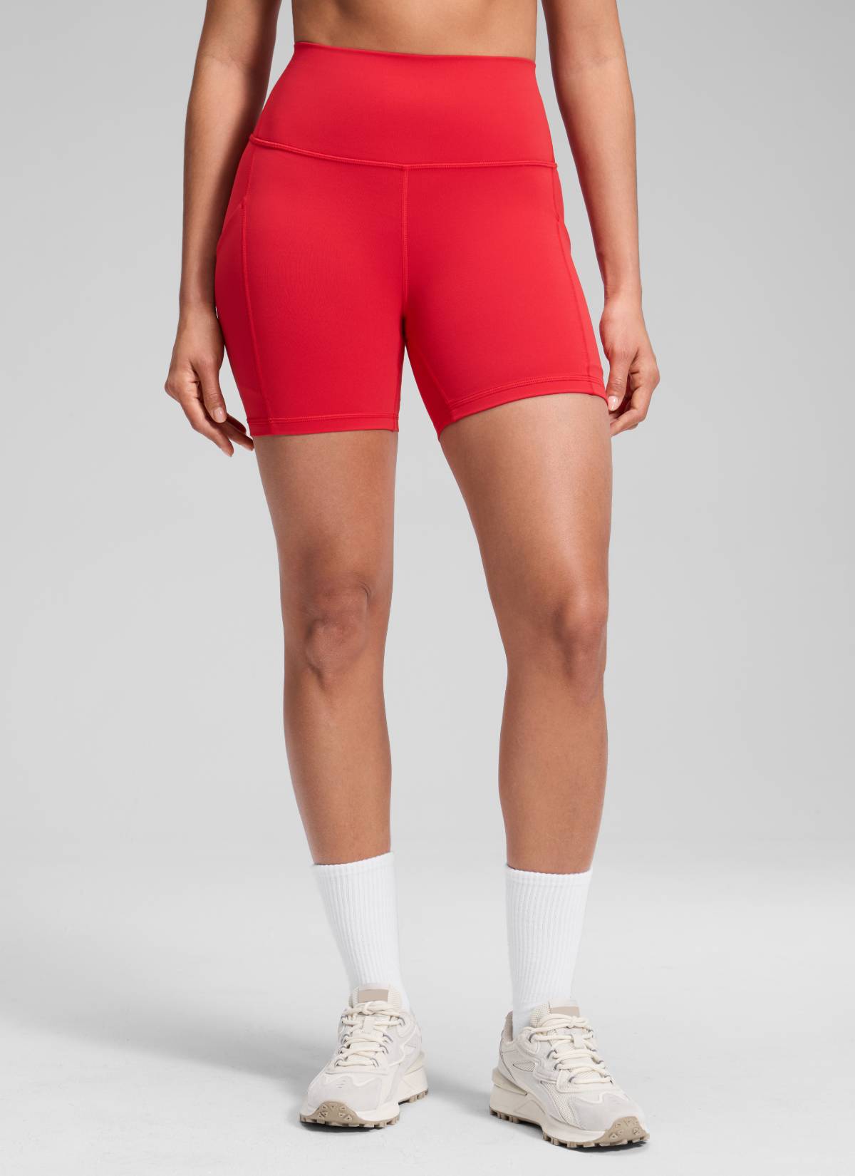 CRZ YOGA Women's Yoga High Rise Biker Butterluxe Pockets Shorts 5'' Aurora Red @model_info:Dany