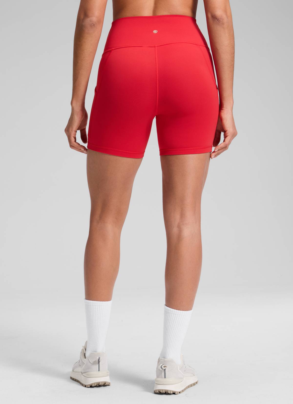 CRZ YOGA Women's Yoga High Rise Biker Butterluxe Pockets Shorts 5'' Aurora Red @model_info:Dany