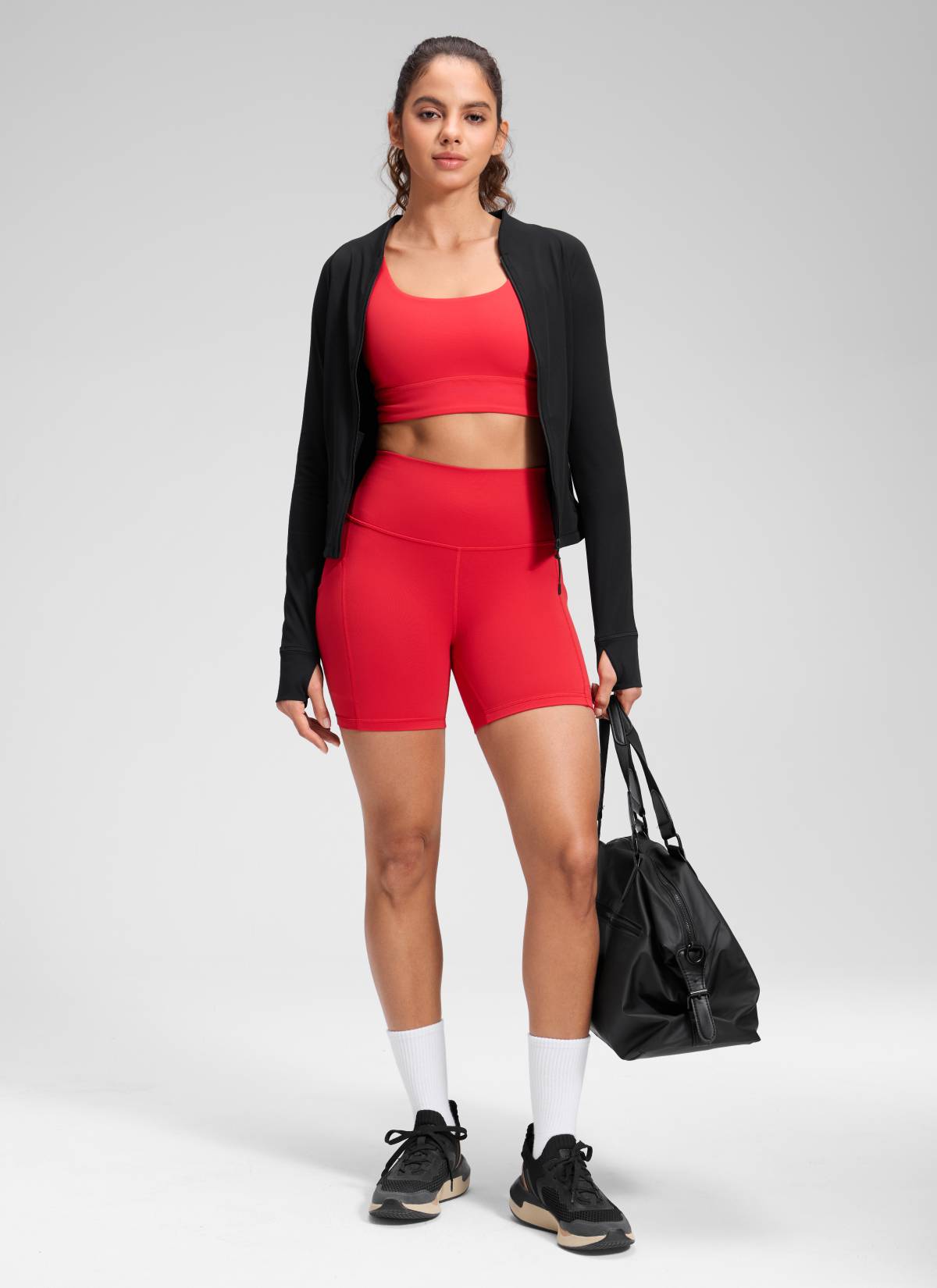 CRZ YOGA Women's Yoga High Rise Biker Butterluxe Pockets Shorts 5'' Aurora Red @model_info:Dany