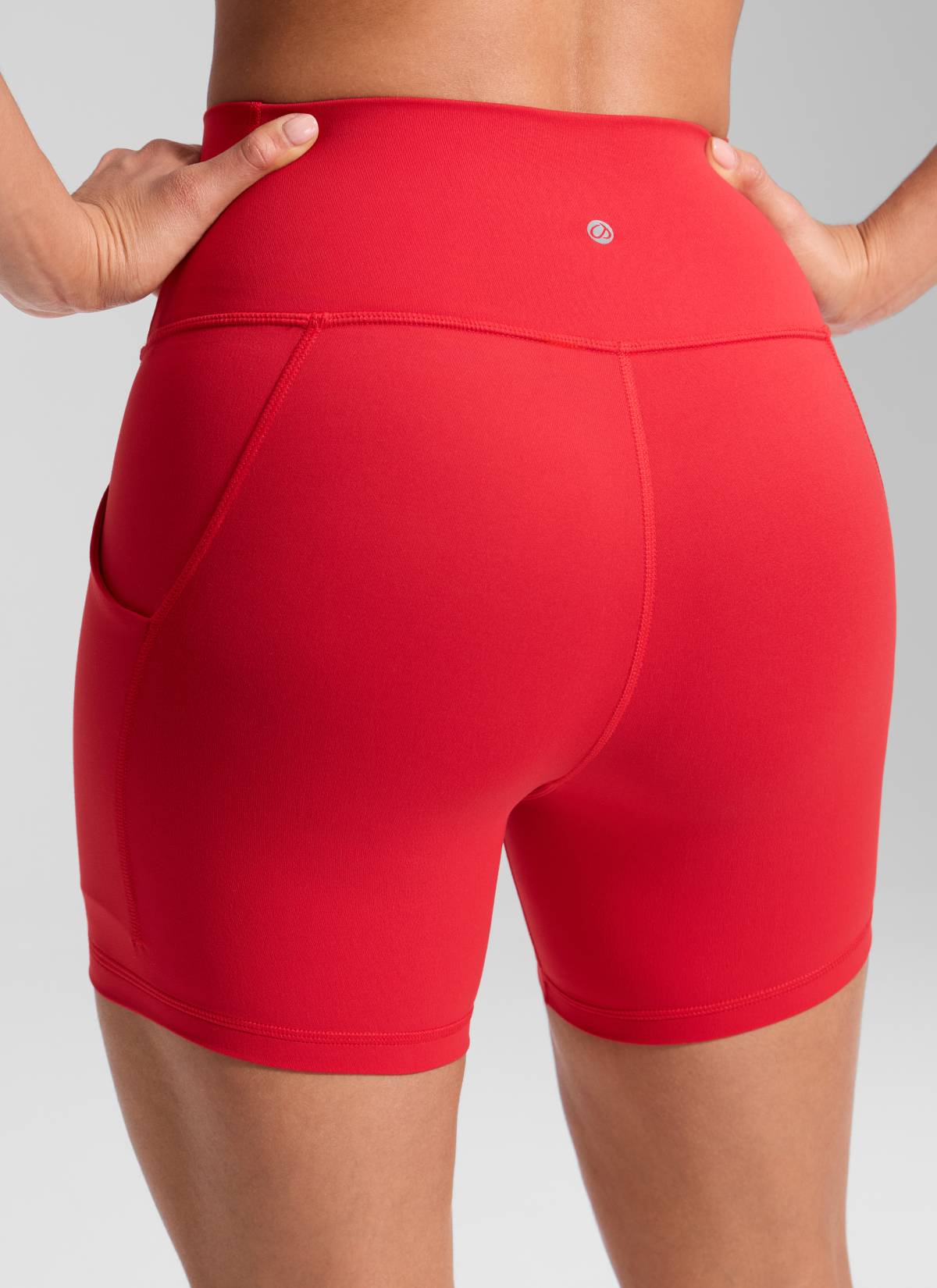 CRZ YOGA Women's Yoga High Rise Biker Butterluxe Pockets Shorts 5'' Aurora Red @model_info:Dany