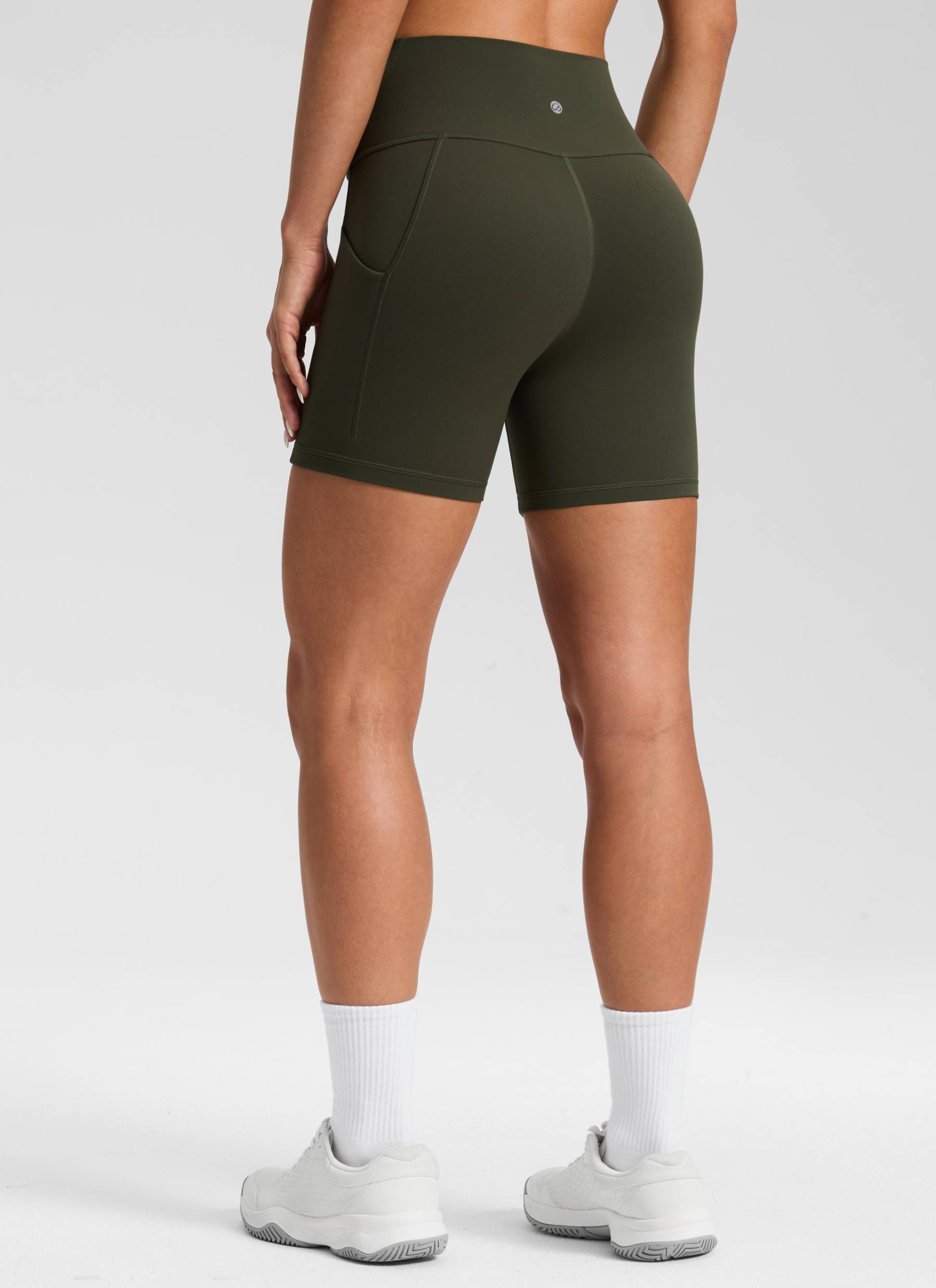 CRZ YOGA Women's Yoga High Rise Biker Butterluxe Pockets Shorts 5'' Olive Green @model_info:Isidora