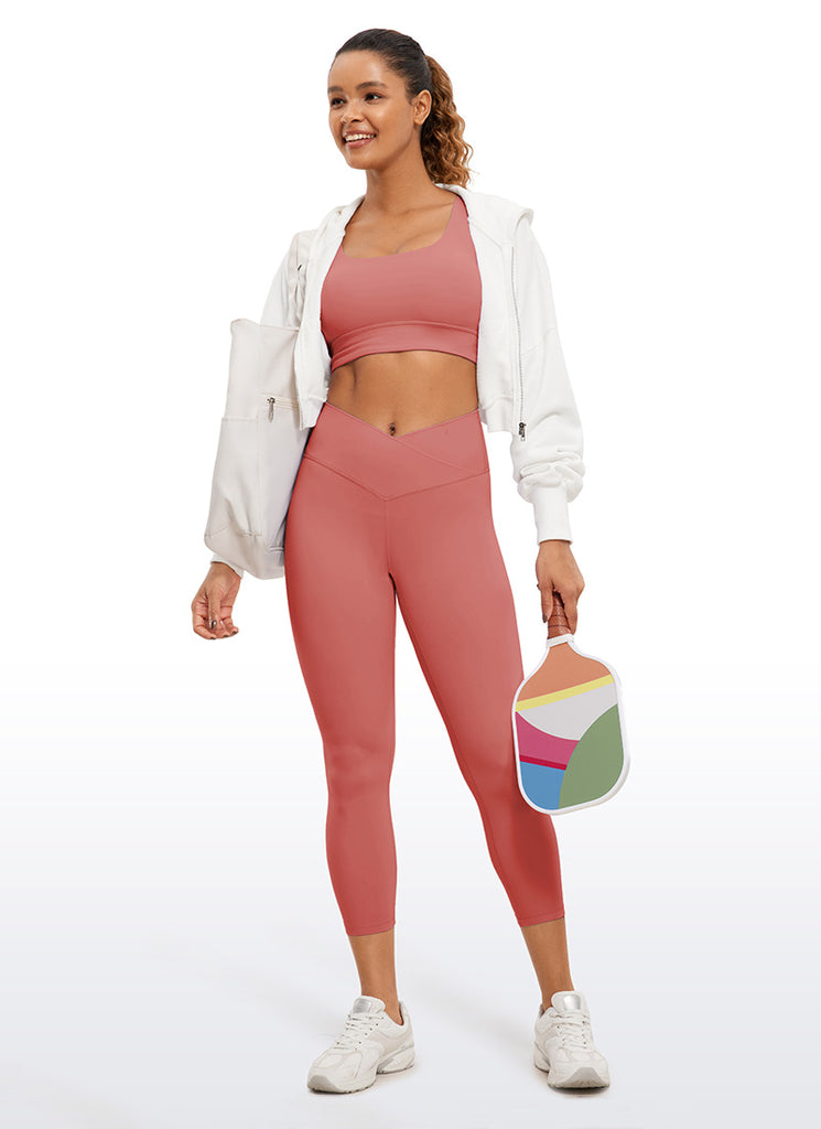 CRZ YOGA Women's High Rise Butterluxe V Cross Waist Capris Leggings 23'' Neon Orange