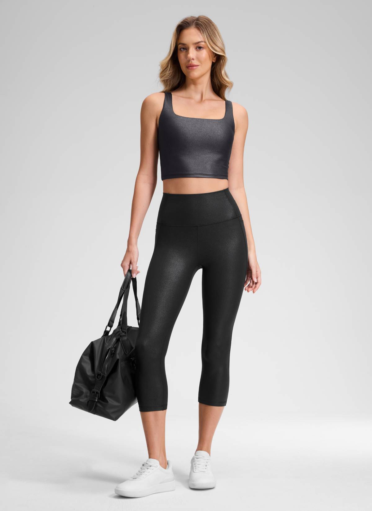 CRZ YOGA Women's Yoga High Rise Butterluxe Capri with Pockets 21'' Black Classic Leather @model_info:Anna