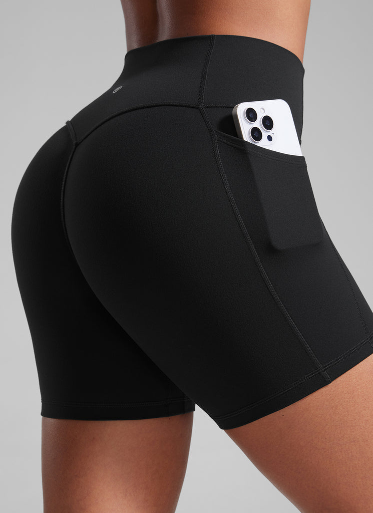 CRZ YOGA Butterlift Womens Scrunch Butt No Front Seam Pocket Biker Shorts 5'' Black