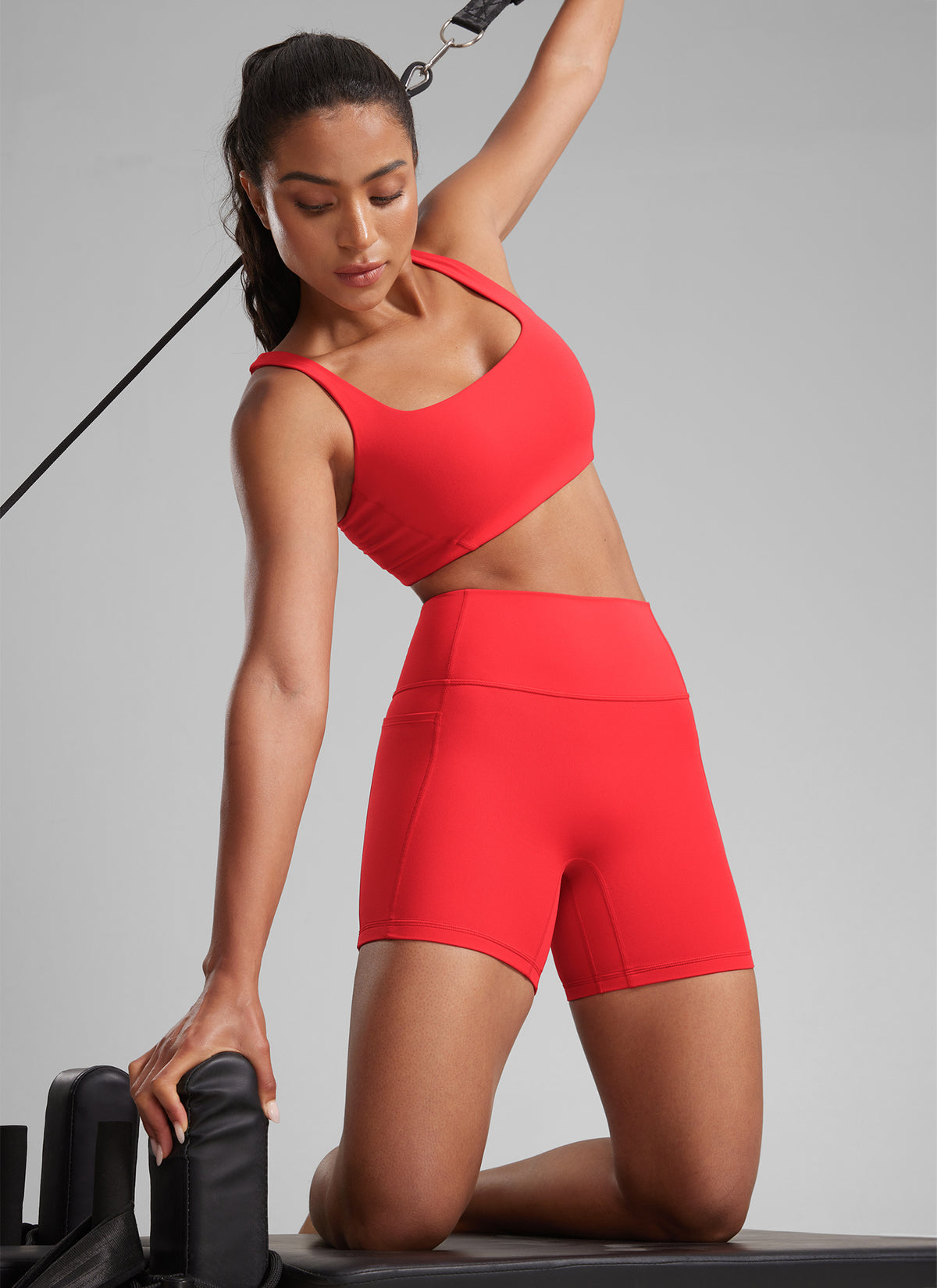 CRZ YOGA Butterlift Womens Scrunch Butt No Front Seam Pocket Biker Shorts 5'' Deep Red @model_info:Crystal