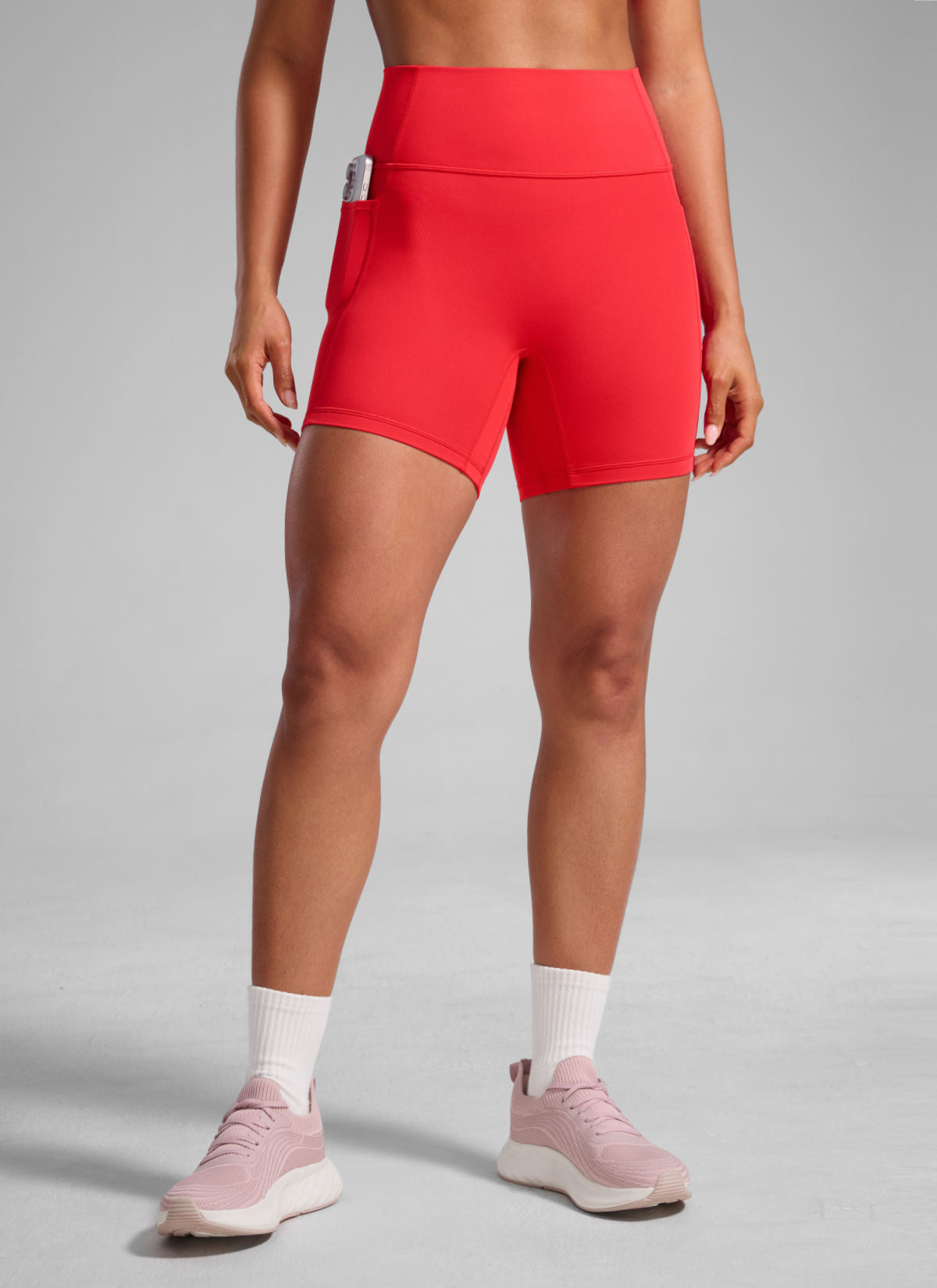 CRZ YOGA Butterlift Womens Scrunch Butt No Front Seam Pocket Biker Shorts 5'' Deep Red @model_info:Crystal