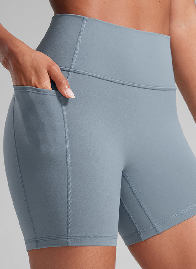 CRZ YOGA Butterlift Womens Scrunch Butt No Front Seam Pocket Biker Shorts 5'' Belgian Blue