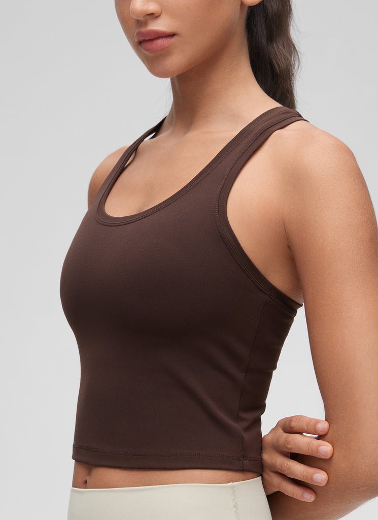 CRZ YOGA Women's Butterluxe Scoop Neck Racerback Cropped Lounge Yoga Tank Hot Fudge Brown