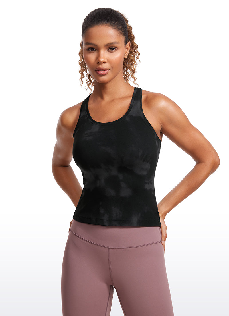 CRZ YOGA Women's Yoga Tight Fit Butterluxe Crewneck Tank Top Racerback Black Tie Dye Flowers