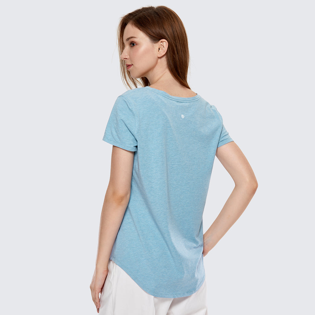 CRZ YOGA Women's Casual Relaxed Fit Shirts Pima Cotton Short Sleeves Heathered Neptune Blue