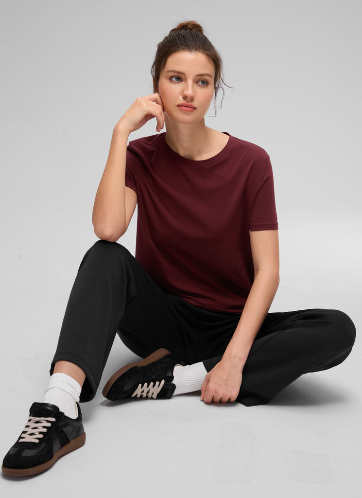 CRZ YOGA Women's Yoga Loose Fit Pima Cotton Short Sleeves Red Merlot