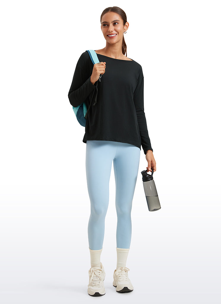 CRZ YOGA Women's Casual Loose Fit Pima Cotton Long Sleeves Boat Neck Black