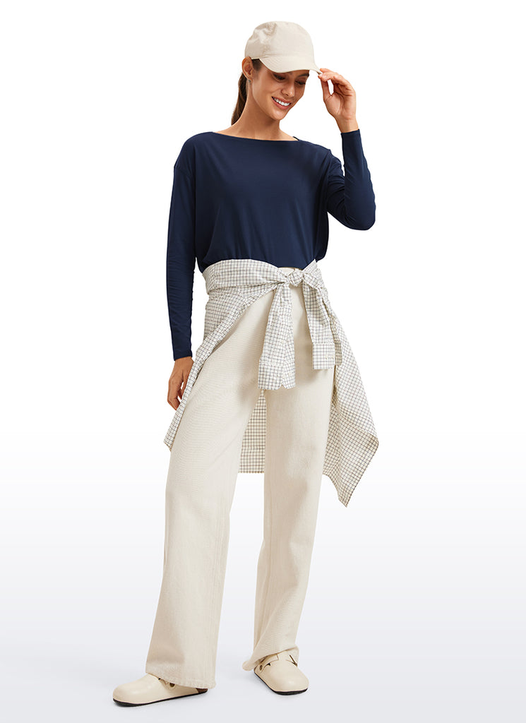 CRZ YOGA Women's Casual Loose Fit Pima Cotton Long Sleeves Boat Neck Navy