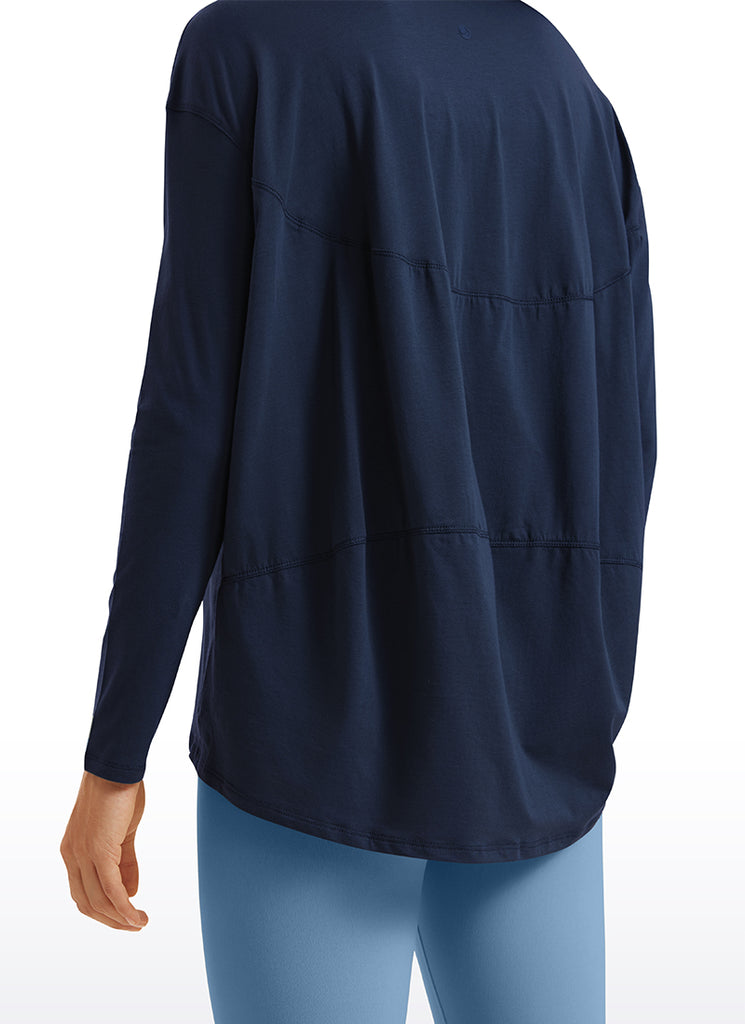 CRZ YOGA Women's Casual Loose Fit Pima Cotton Long Sleeves Boat Neck Navy