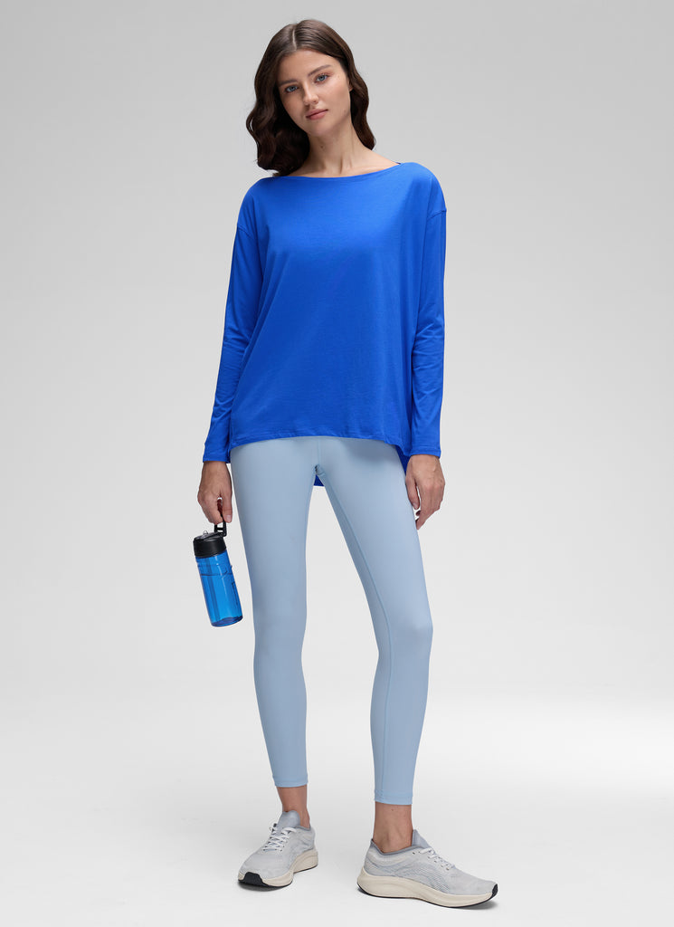 CRZ YOGA Women's Casual Loose Fit Pima Cotton Long Sleeves Boat Neck Heathered Medium Grey