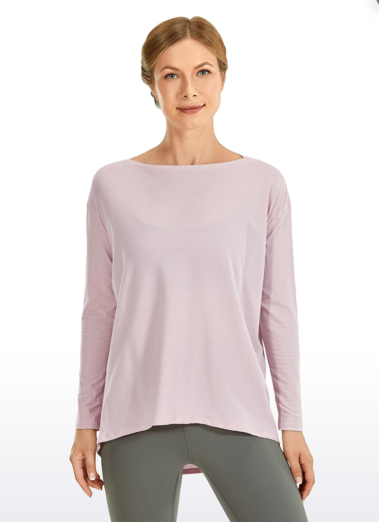 CRZ YOGA Women's Casual Loose Fit Pima Cotton Long Sleeves Boat Neck Pink