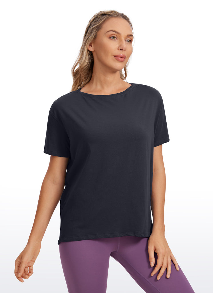 CRZ YOGA Women's Yoga Loose Fit Pima Cotton Short Sleeves Boat Neck Black