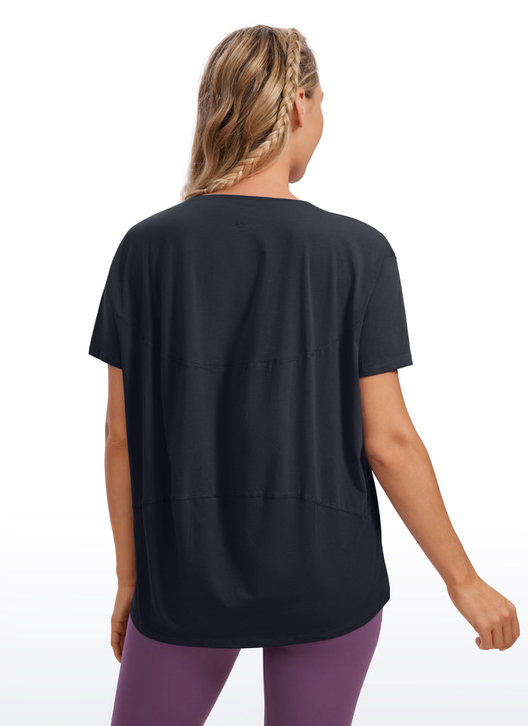 CRZ YOGA Women's Yoga Loose Fit Pima Cotton Short Sleeves Boat Neck Black